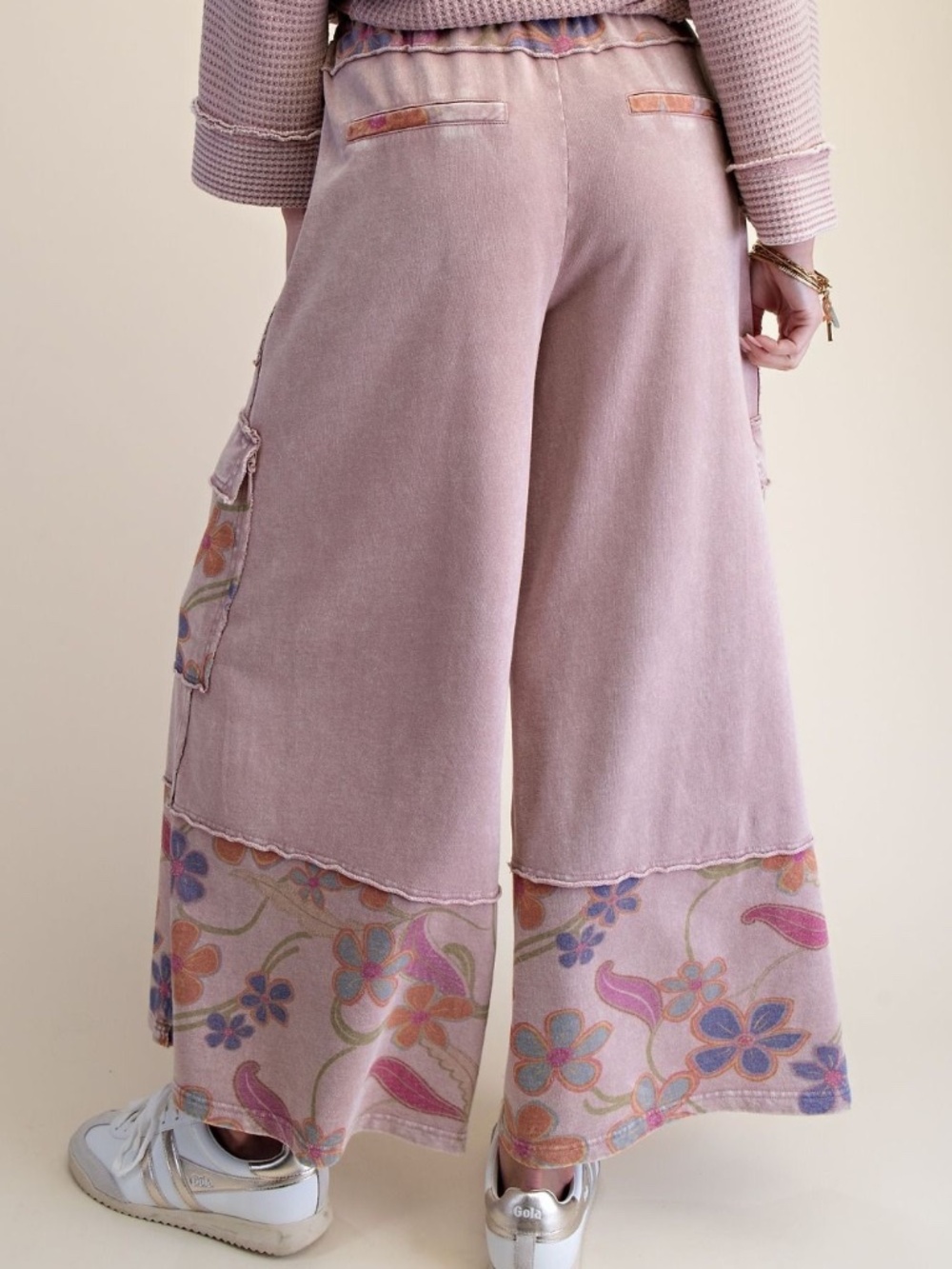 New Easel Knit Pants Boho Floral Washed Terry Relaxed Wide Leg Pull On Cargo - Picture 5 of 5